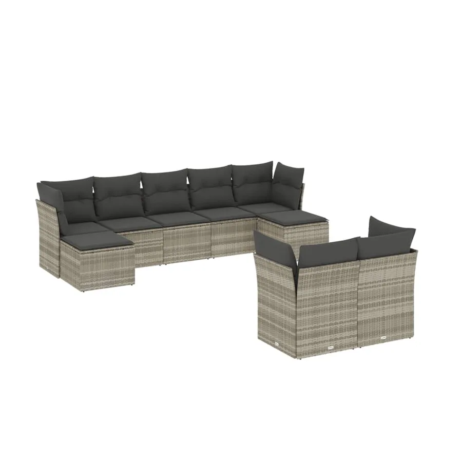 Salon de jardin 9 pcs avec coussins gris clair résine tressée - 2