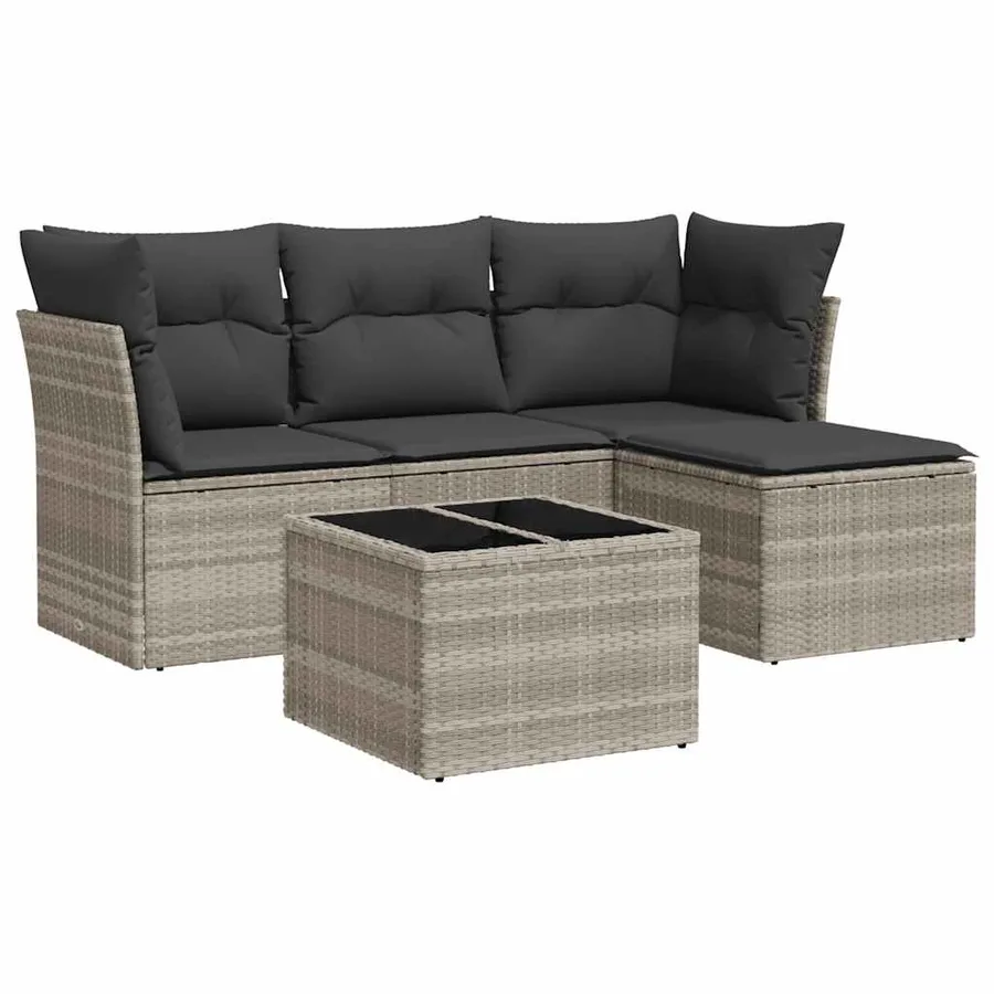 Salon de jardin 5 pcs avec coussins gris clair résine tressée - 2