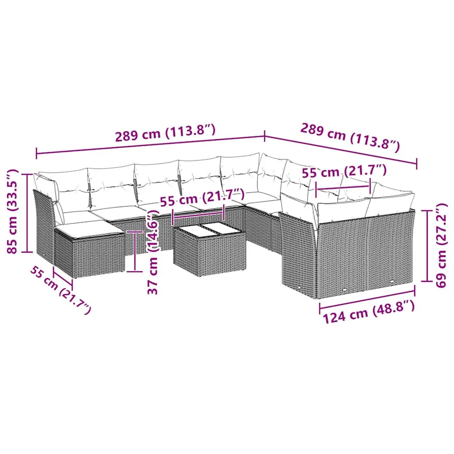 Salon de jardin avec coussins 12 pcs gris clair résine tressée - 3
