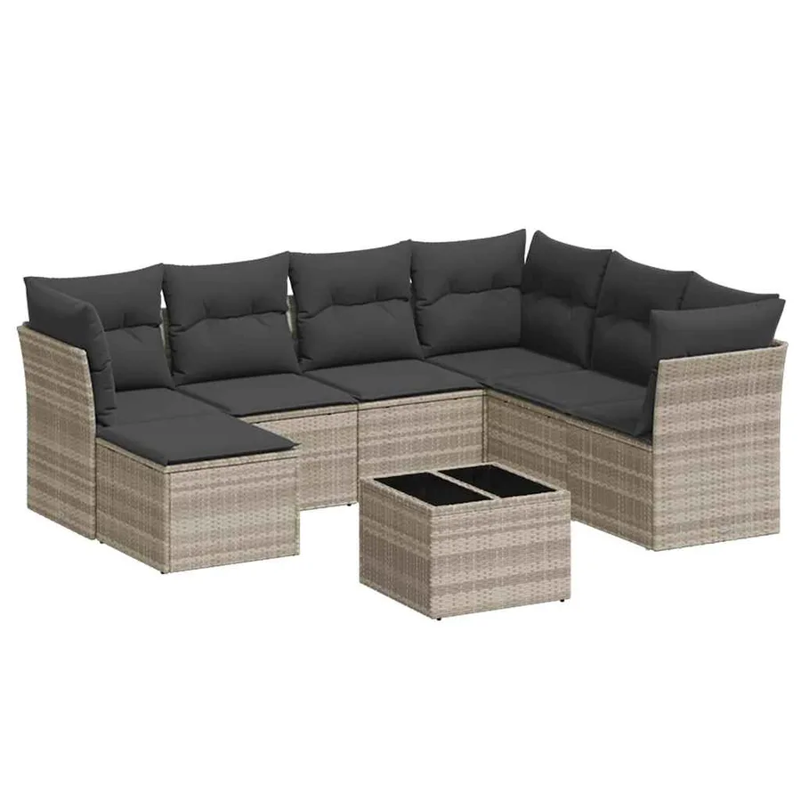 Salon de jardin 8 pcs avec coussins gris clair résine tressée - 2