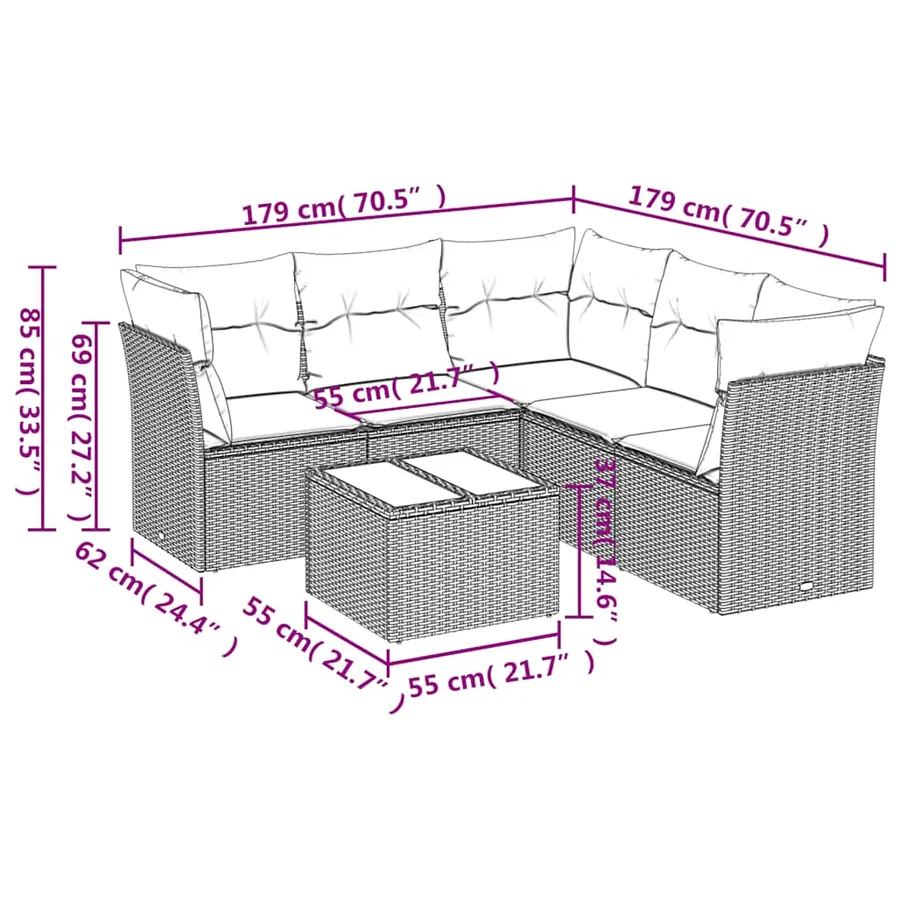 Salon de jardin 6 pcs avec coussins gris clair résine tressée - 3