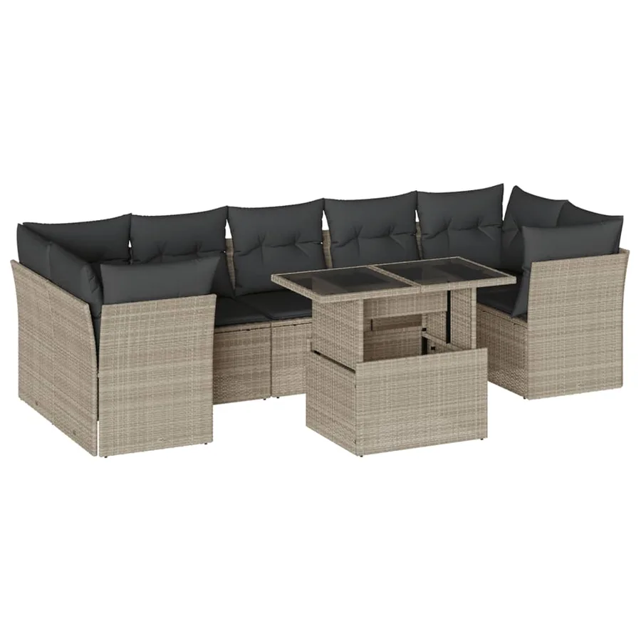 Salon de jardin 8 pcs avec coussins gris clair résine tressée - 2