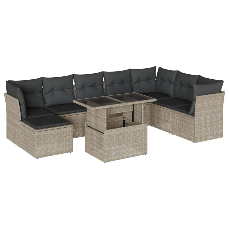 Salon de jardin 9 pcs avec coussins gris clair résine tressée - 2