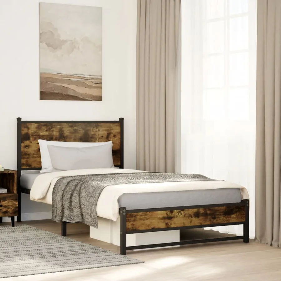Cadre de lit en métal sans matelas chêne fumé 107x203 cm