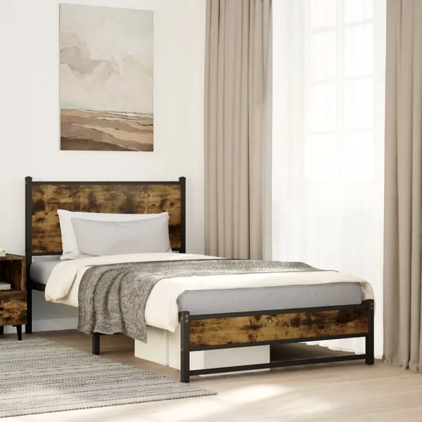 Cadre de lit en métal sans matelas chêne fumé 107x203 cm