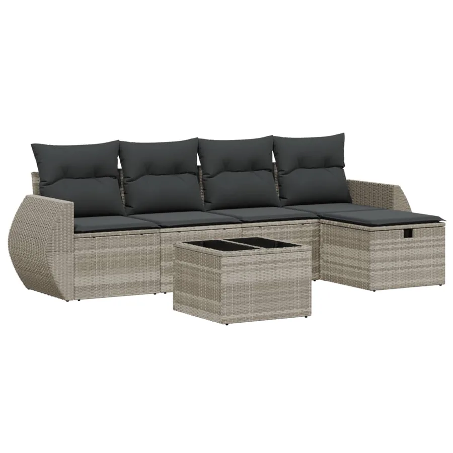 Salon de jardin 6 pcs avec coussins gris clair résine tressée - 2