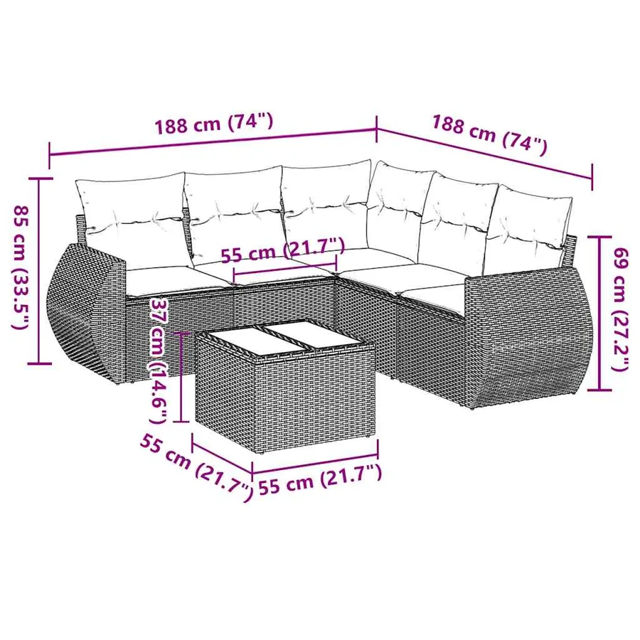 Salon de jardin 6 pcs avec coussins gris clair résine tressée - 8