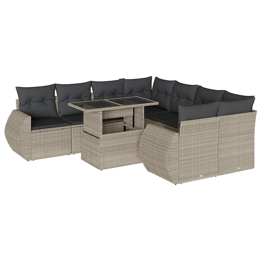 Salon de jardin 9 pcs avec coussins gris clair résine tressée - 2