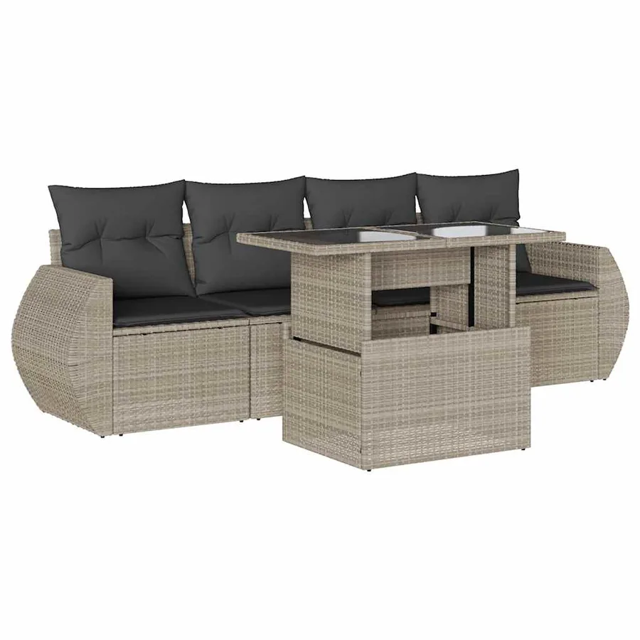 Salon de jardin 5 pcs avec coussins gris clair résine tressée - 2