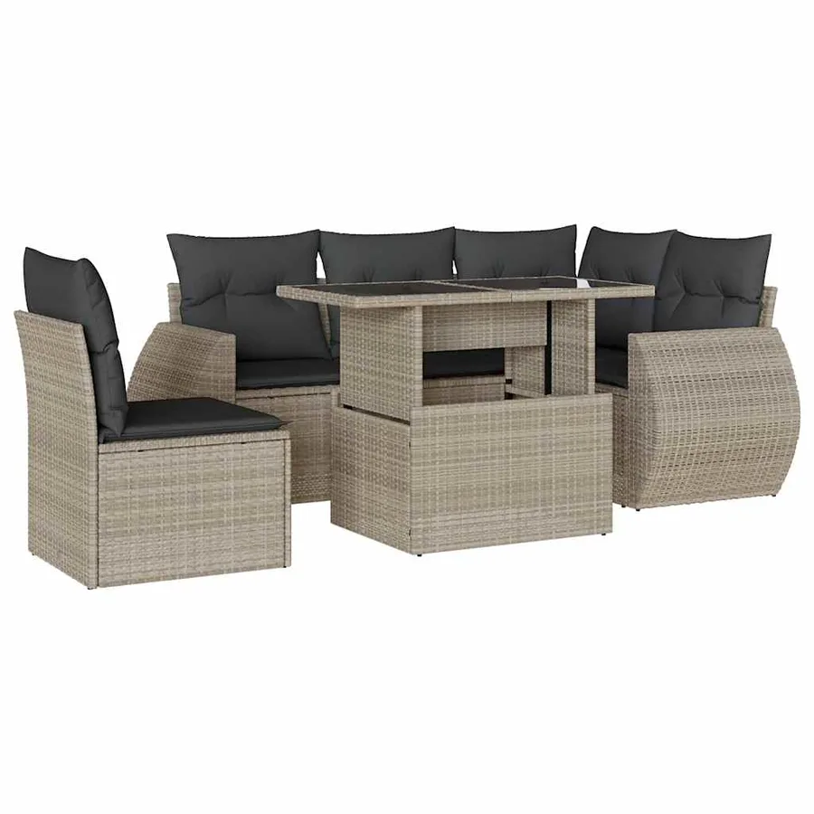 Salon de jardin 6 pcs avec coussins gris clair résine tressée - 2