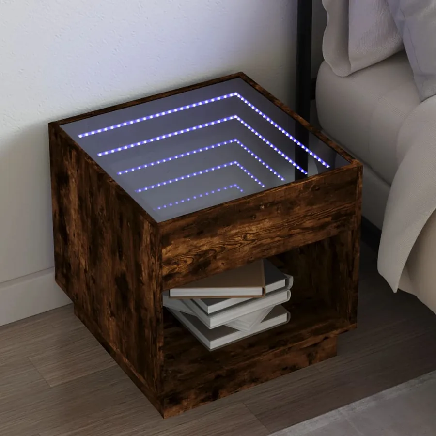 Table de chevet avec LED infini chêne fumé 50x50x50 cm
