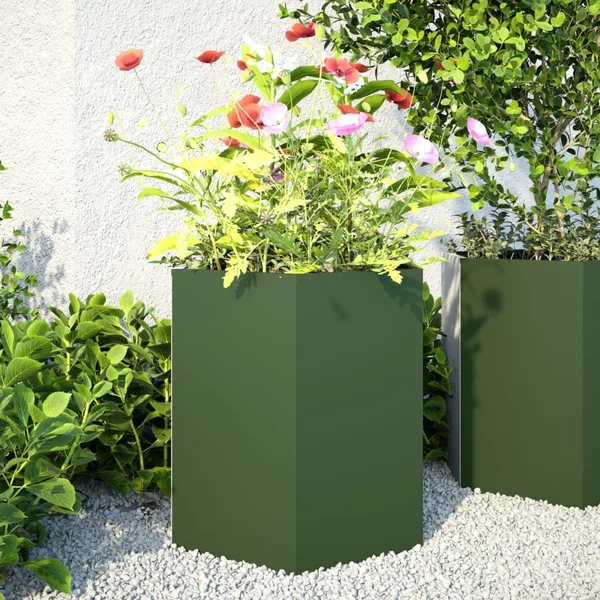 Jardinières 2 pcs vert olive hexagone 46x40x45 cm acier