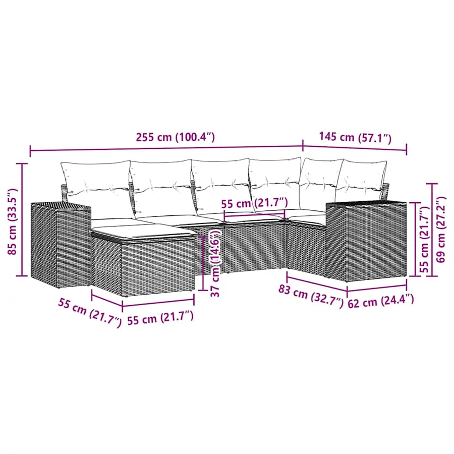 Salon de jardin 6 pcs avec coussins gris clair résine tressée - 3