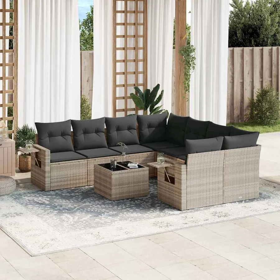 Salon de jardin 9 pcs avec coussins gris clair résine tressée