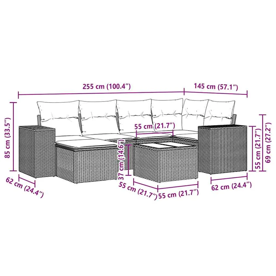 Salon de jardin avec coussins 7 pcs gris clair résine tressée - 3