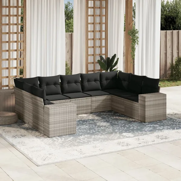 Salon de jardin 9 pcs avec coussins gris clair résine tressée