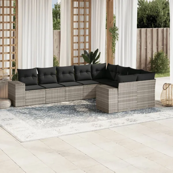 Salon de jardin 9 pcs avec coussins gris clair résine tressée