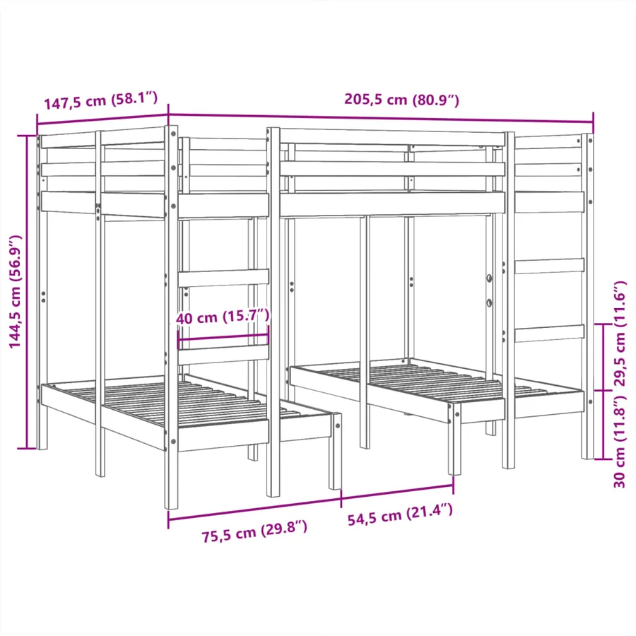 Lit superposé triple blanc 140x200/70x140 cm bois de pin massif - 10