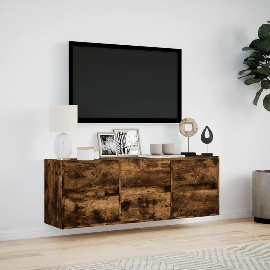 Meuble TV mural avec lumières LED chêne fumé 130x31x45 cm - 4