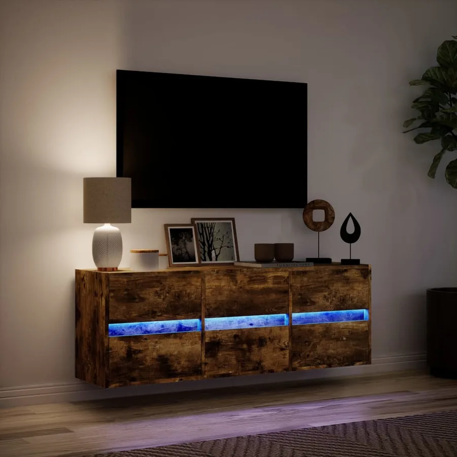 Meuble TV mural avec lumières LED chêne fumé 130x31x45 cm - 5