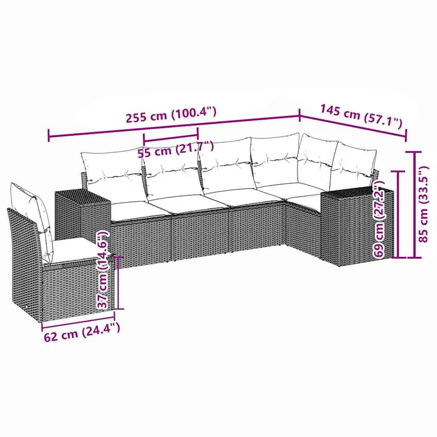 Salon de jardin 6 pcs avec coussins gris clair résine tressée - 7