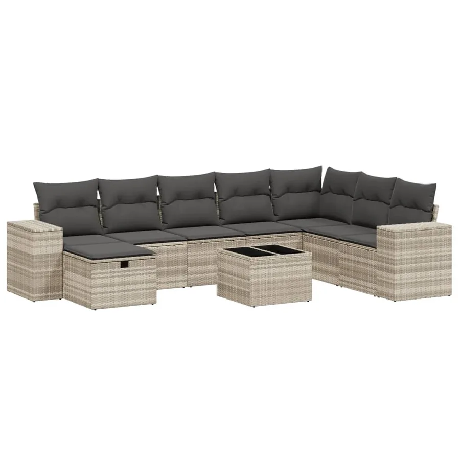 Salon de jardin 9 pcs avec coussins gris clair résine tressée - 2