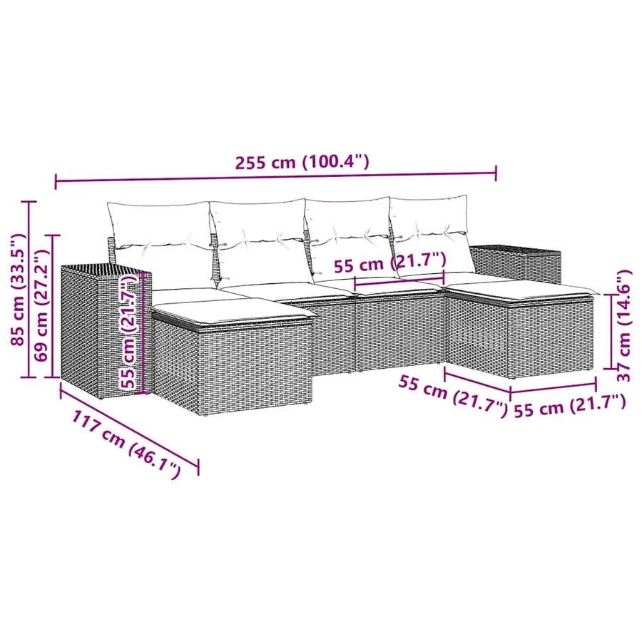 Salon de jardin 6 pcs avec coussins gris clair résine tressée - 7