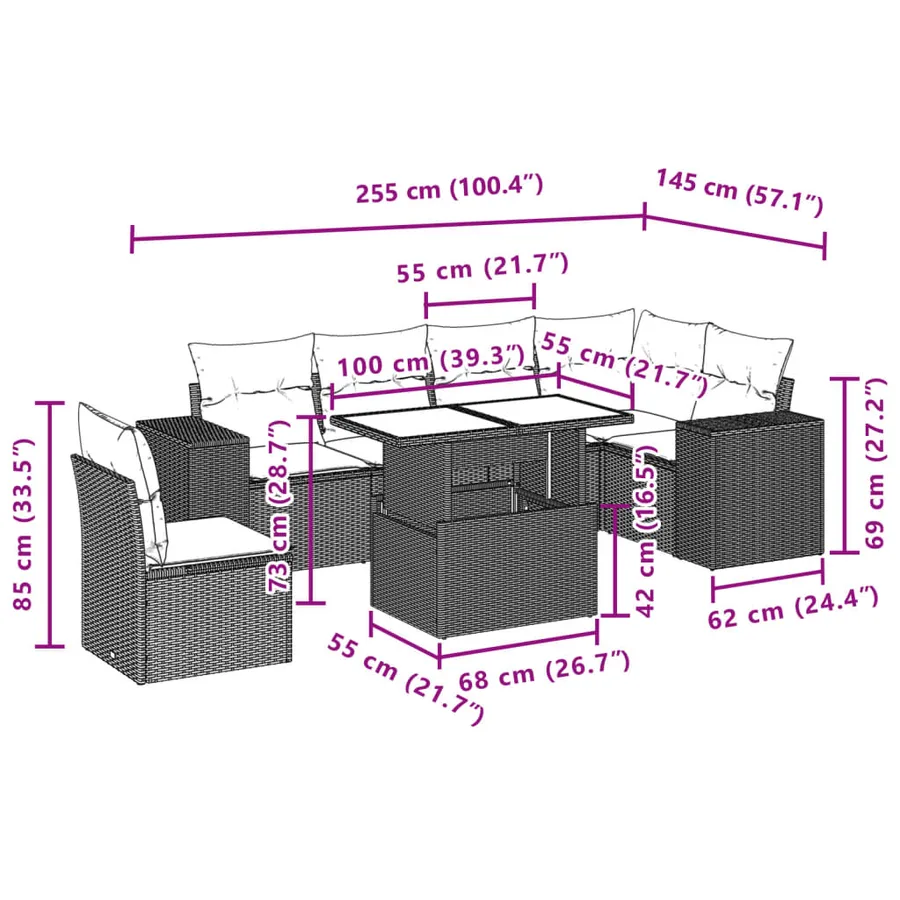 Salon de jardin avec coussins 7 pcs gris clair résine tressée - 10