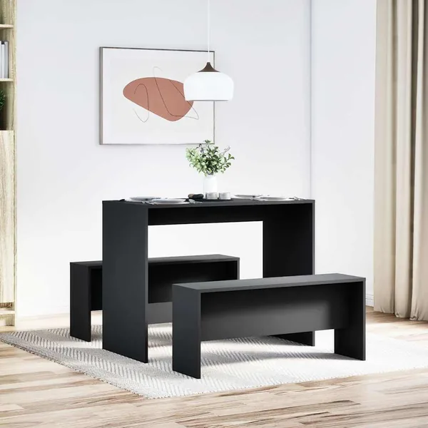 Ensemble table à manger et bancs 3 pcs noir bois d'ingénierie