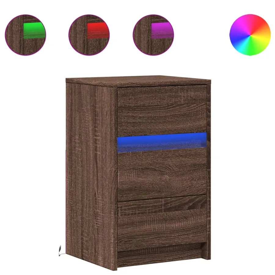 Armoire de chevet et lumières LED chêne marron bois ingénierie - 2