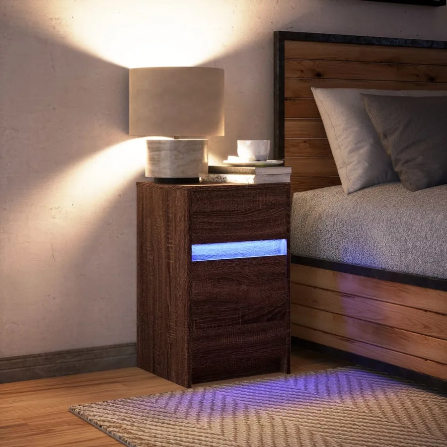 Armoire de chevet et lumières LED chêne marron bois ingénierie - 5