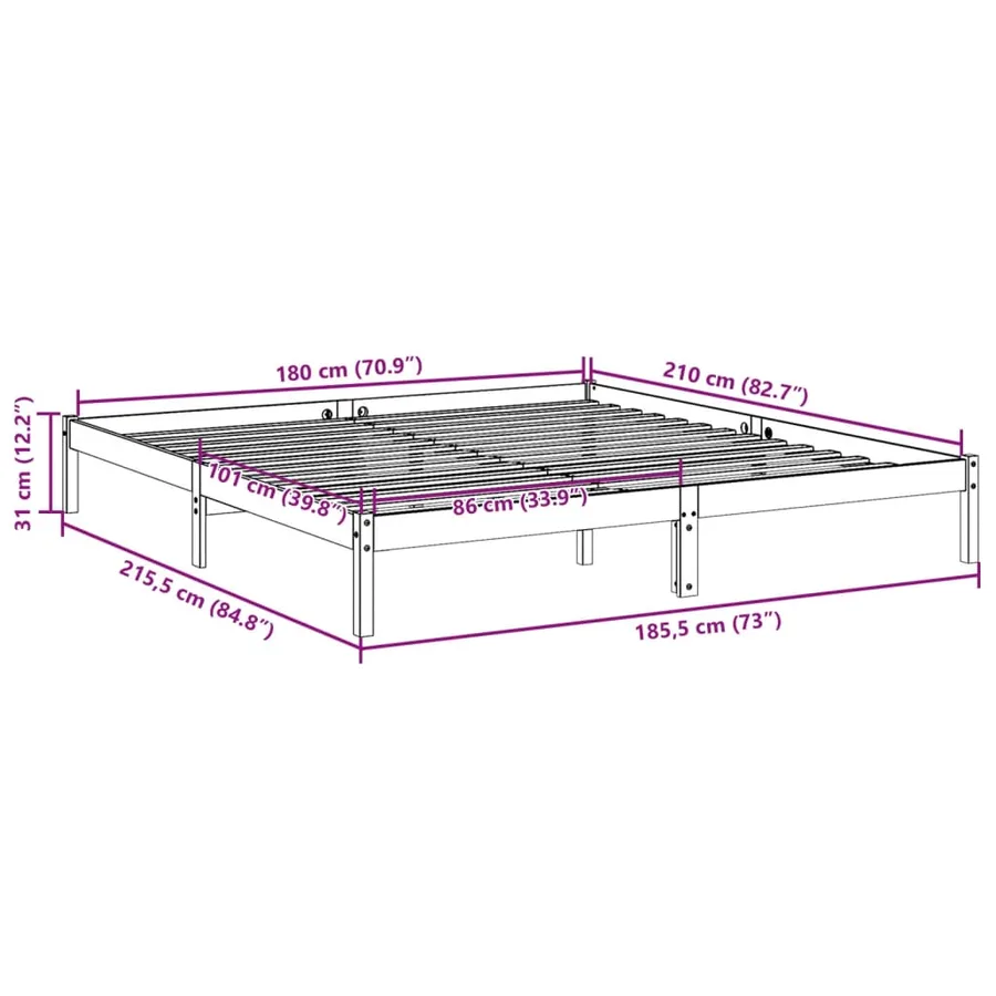 Cadre de lit extra long sans matelas 180x210 cm bois massif pin - 9