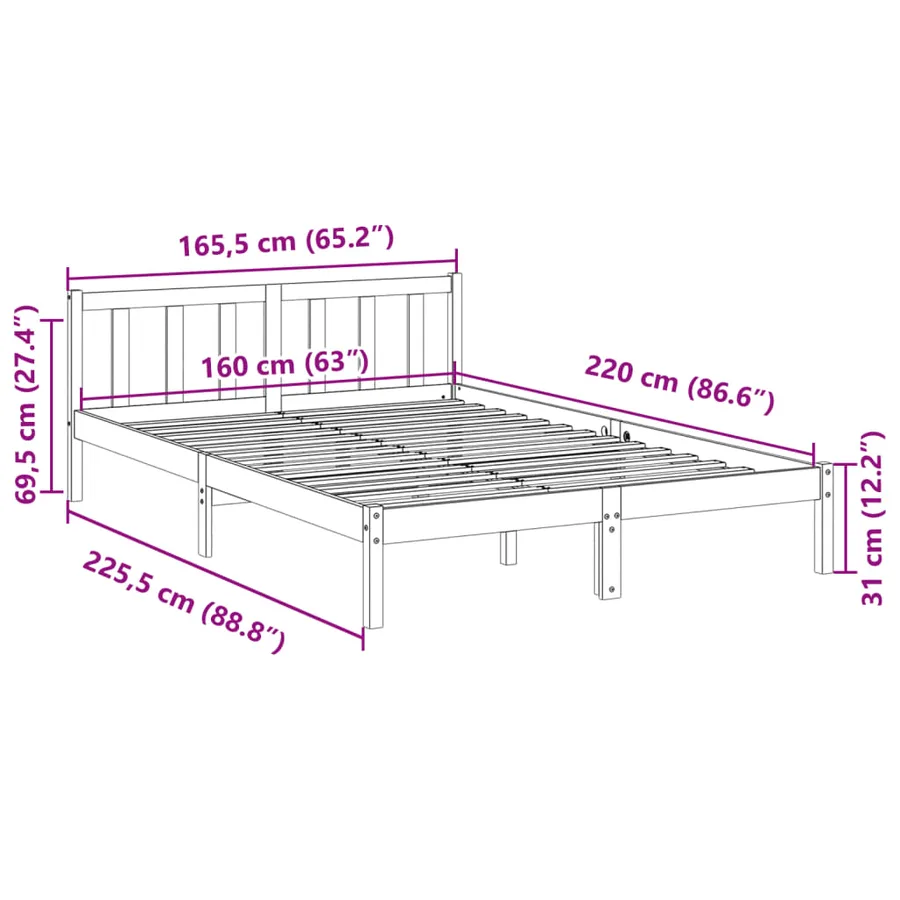 Cadre de lit extra long sans matelas 160x220 cm bois massif pin - 9