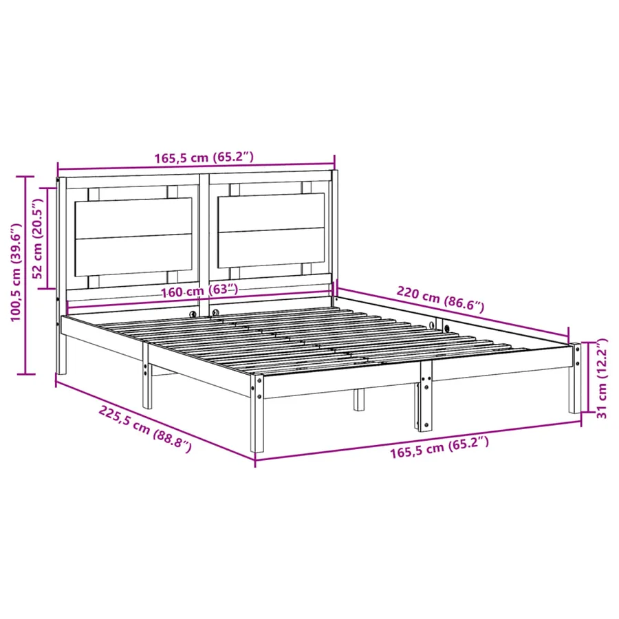 Cadre de lit extra long sans matelas 160x220 cm bois massif - 9