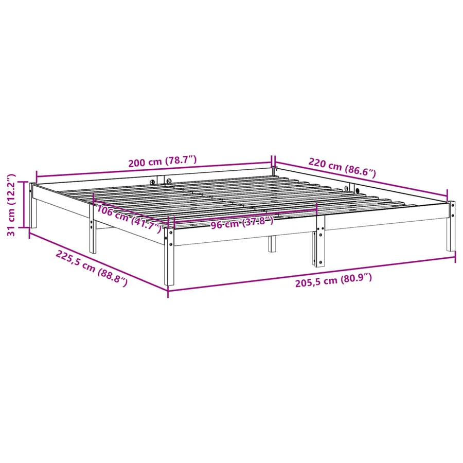 Cadre de lit extra long sans matelas 200x220 cm bois massif pin - 9