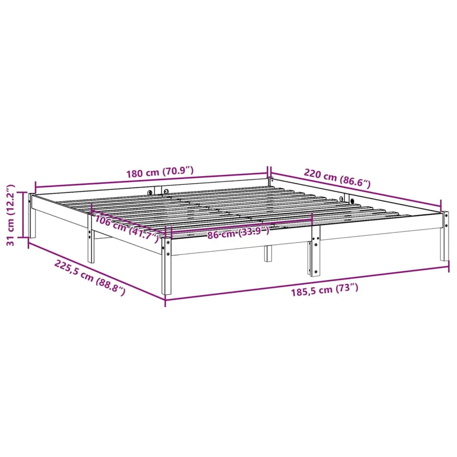 Cadre de lit extra long sans matelas 180x220 cm bois massif pin - 9