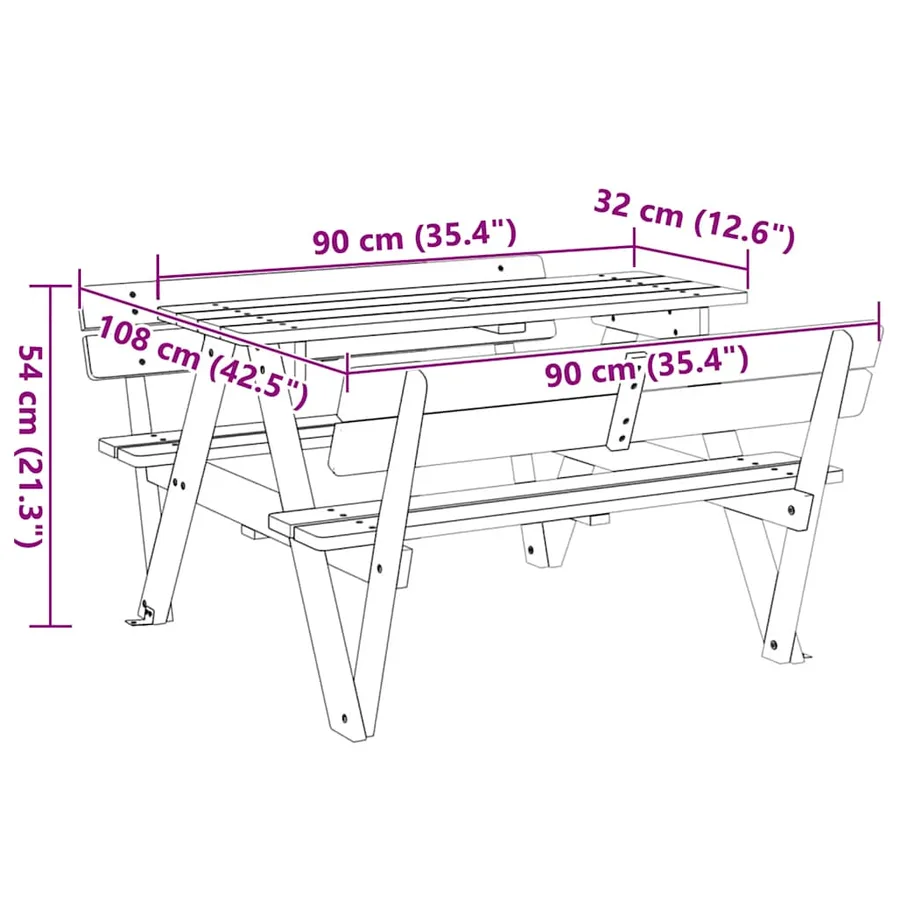 Table de pique-nique pour 4 enfants avec trou de parasol sapin - 8