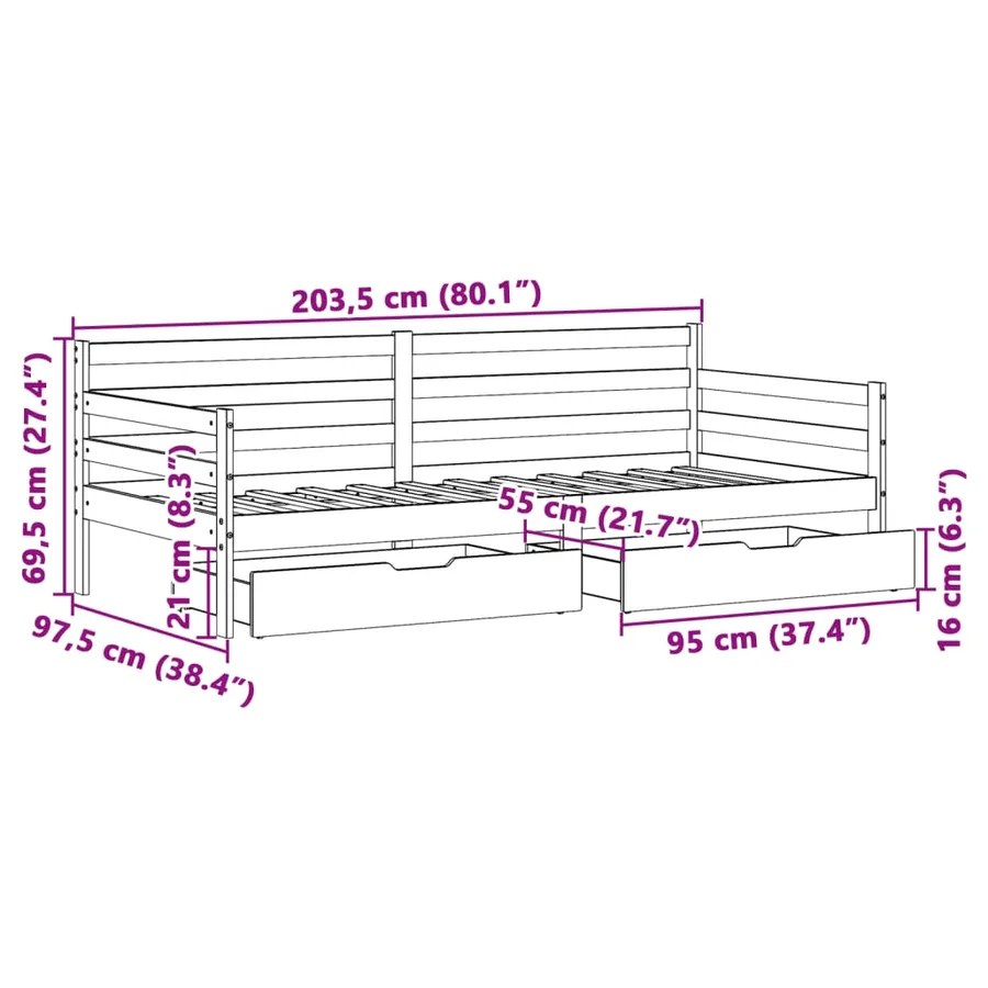 Lit de jour et tiroirs sans matelas blanc 90x200 cm bois massif - 12