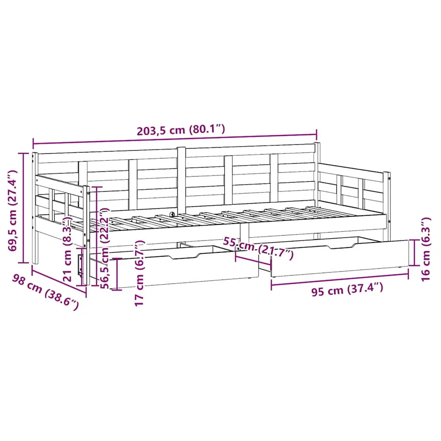 Lit de jour avec tiroirs sans matelas 90x200 cm bois massif - 12