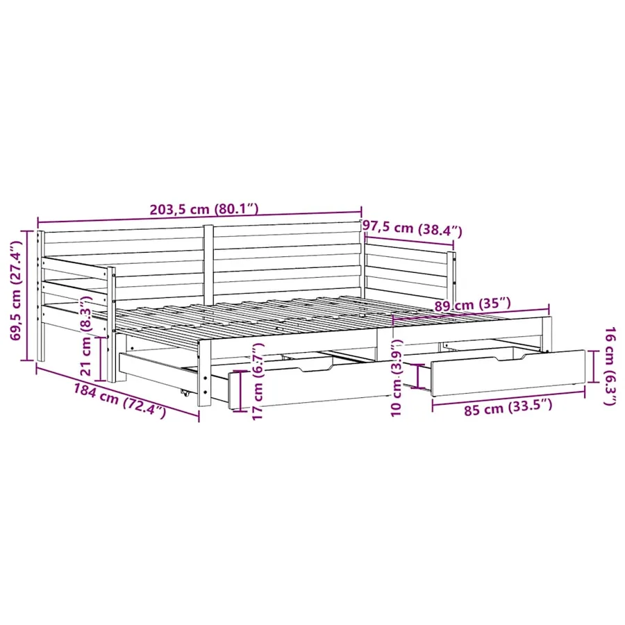 Lit de jour avec gigogne et tiroirs sans matelas 90x200 cm - 12