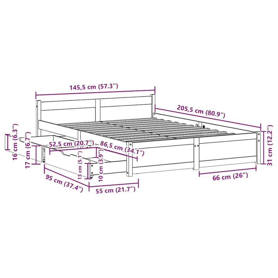 Cadre de lit sans matelas 140x200 cm bois massif de pin - 12