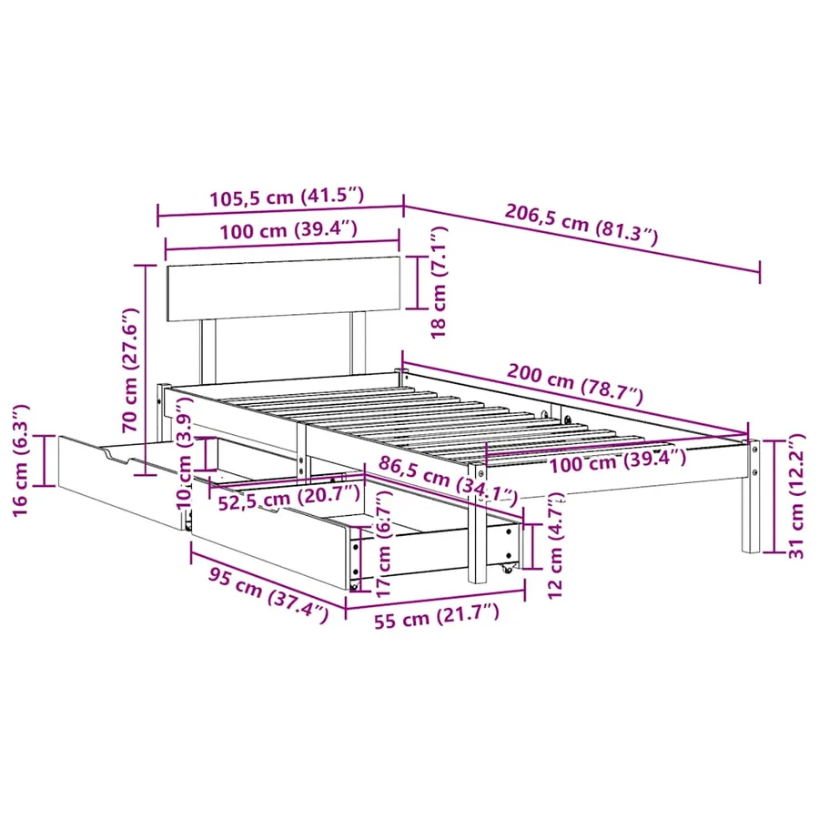 Cadre de lit sans matelas blanc 100x200 cm bois de pin massif - 11