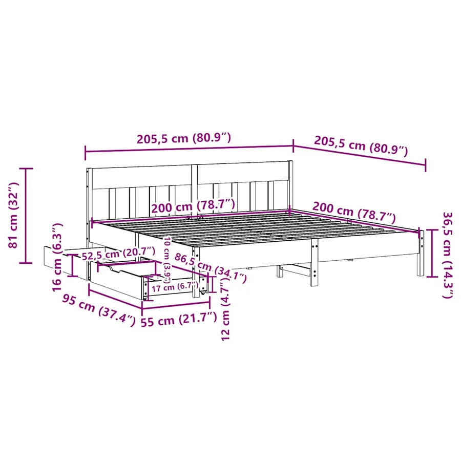Cadre de lit sans matelas 200x200 cm bois massif de pin - 11