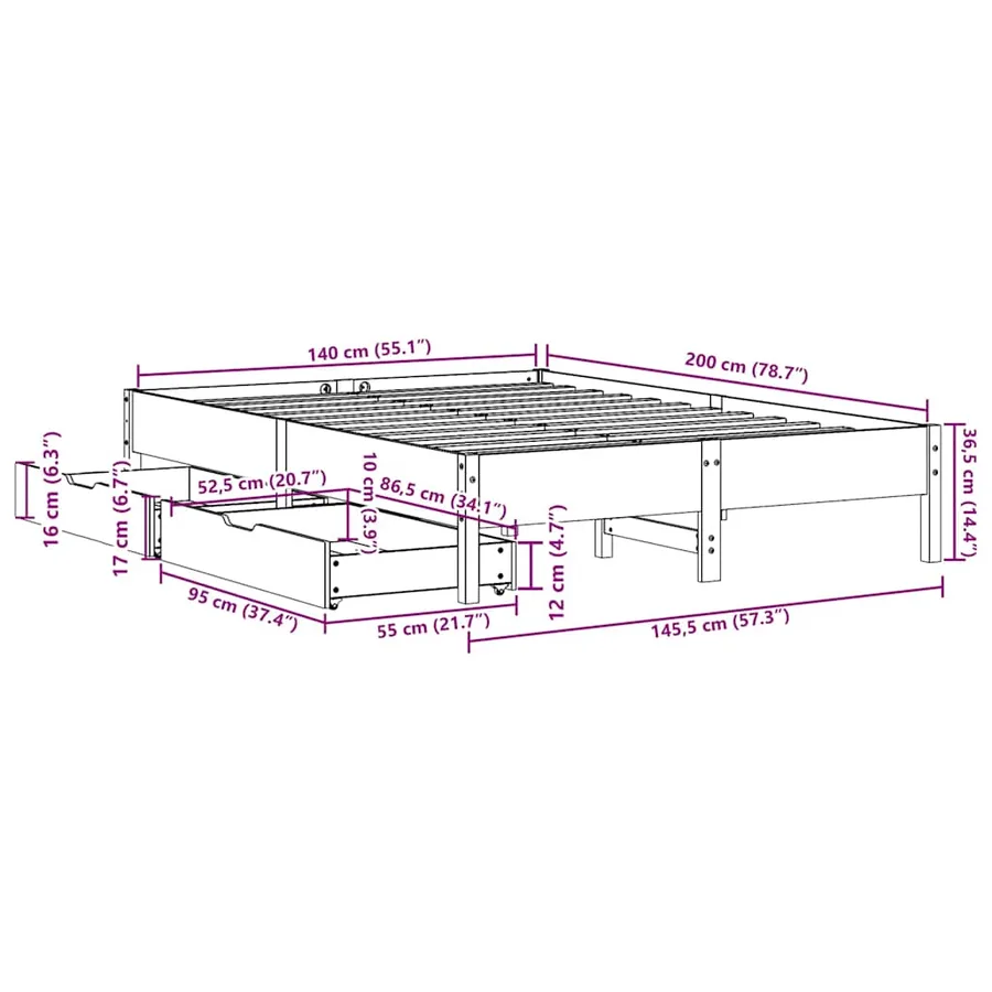 Cadre de lit sans matelas 140x200 cm bois massif de pin - 11