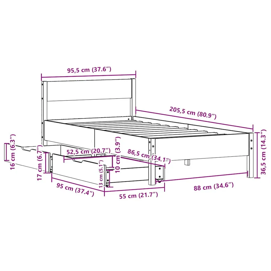 Cadre de lit sans matelas blanc 90x200 cm bois de pin massif - 12