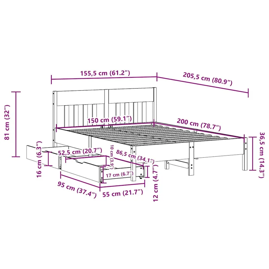 Cadre de lit sans matelas 150x200 cm bois de pin massif - 11