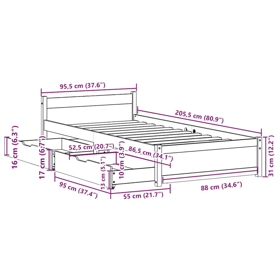Cadre de lit sans matelas blanc 90x200 cm bois de pin massif - 12