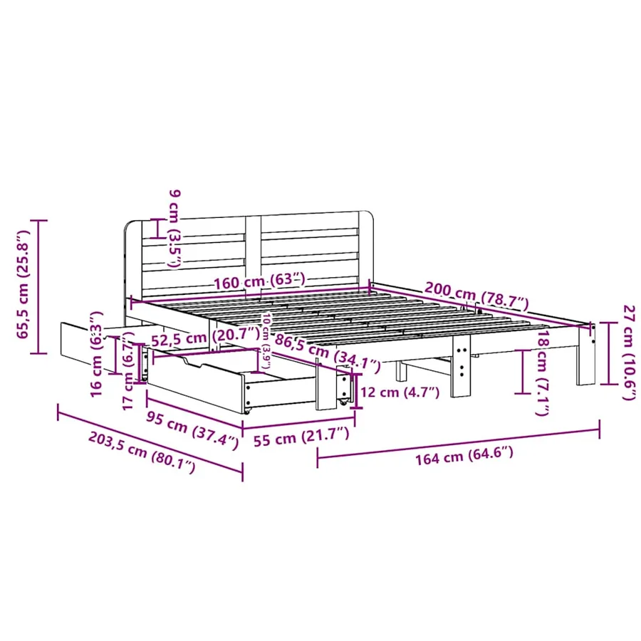 Cadre de lit sans matelas cire marron 160x200cm bois pin massif - 11
