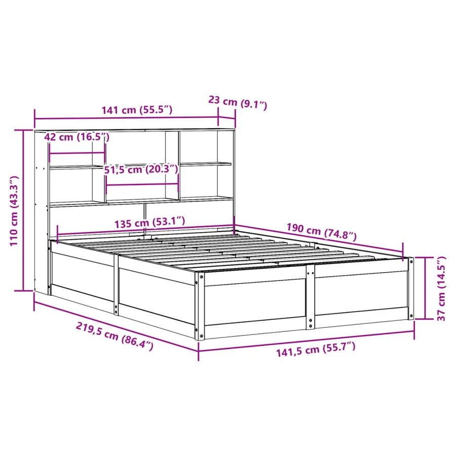 Cadre de lit sans matelas cire marron 135x190cm bois pin massif - 12