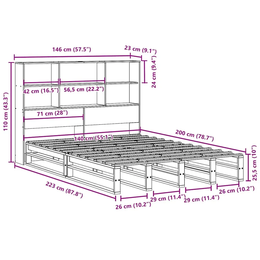 Lit bibliothèque sans matelas blanc 140x200 cm bois massif - 12